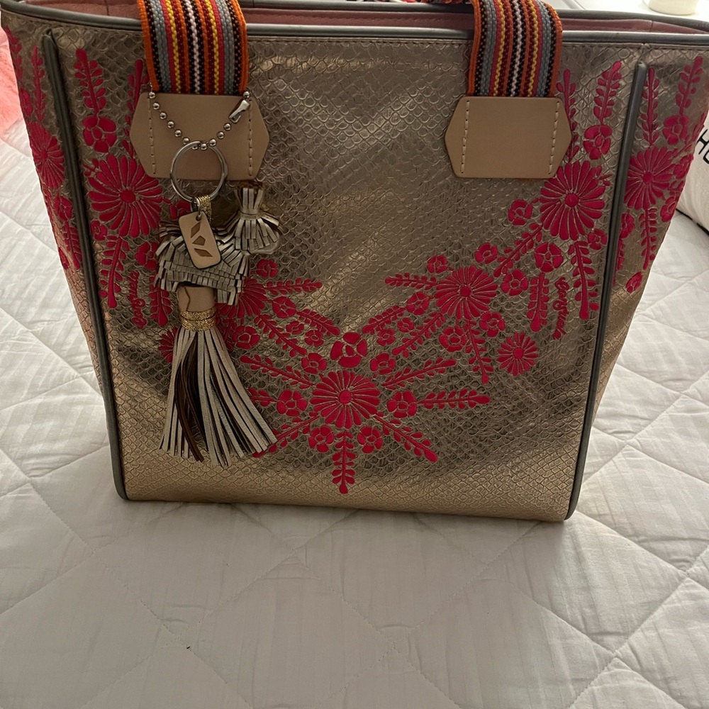 Floral Embroidered Gold and Pink Tote Bag